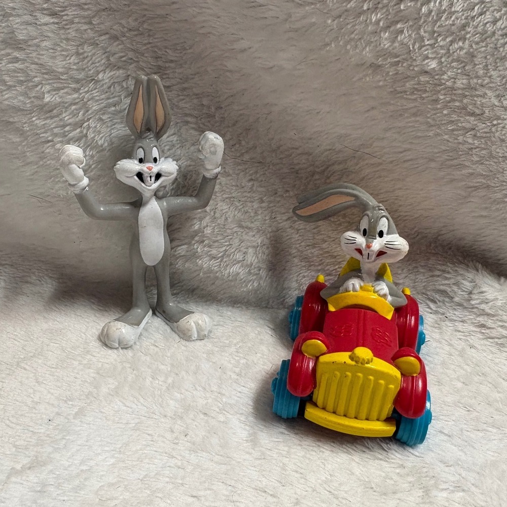 Vintage 1992 Bugs Bunny Looney Tunes Toy Lot PVC Figure and Race Car Rolling Toy
